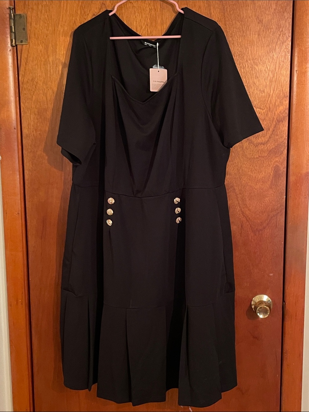 BloomChic Black Midi A-Line Dress with Gold Buttons
